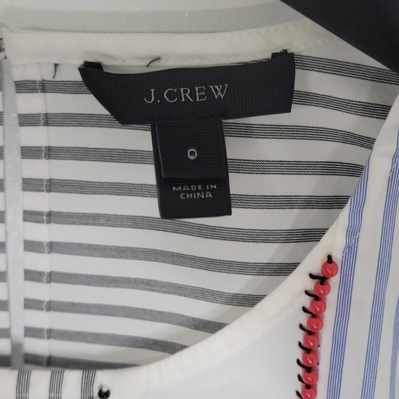 J Crew Sleeveless‎ Beaded Tunic Top 0 White Blue Stripe Side Zip Round Neck Boho - Picture 7 of 13